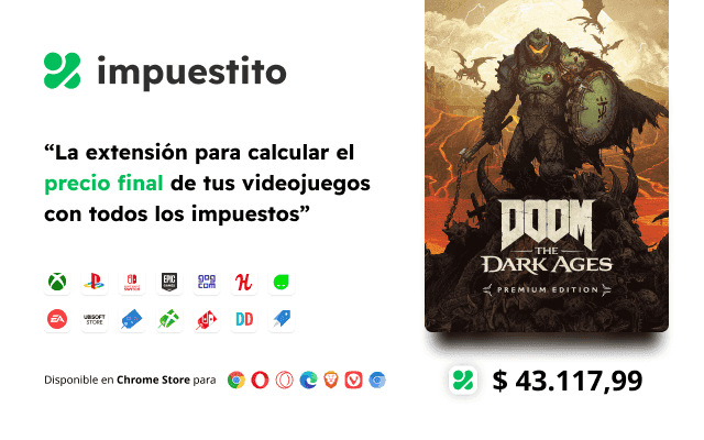 La extensión de impuestito te dice el precio final con impuestos de los juegos de Playstation, Xbox, Nintendo, Epic, GOG y muchas más tiendas. (Argentina)